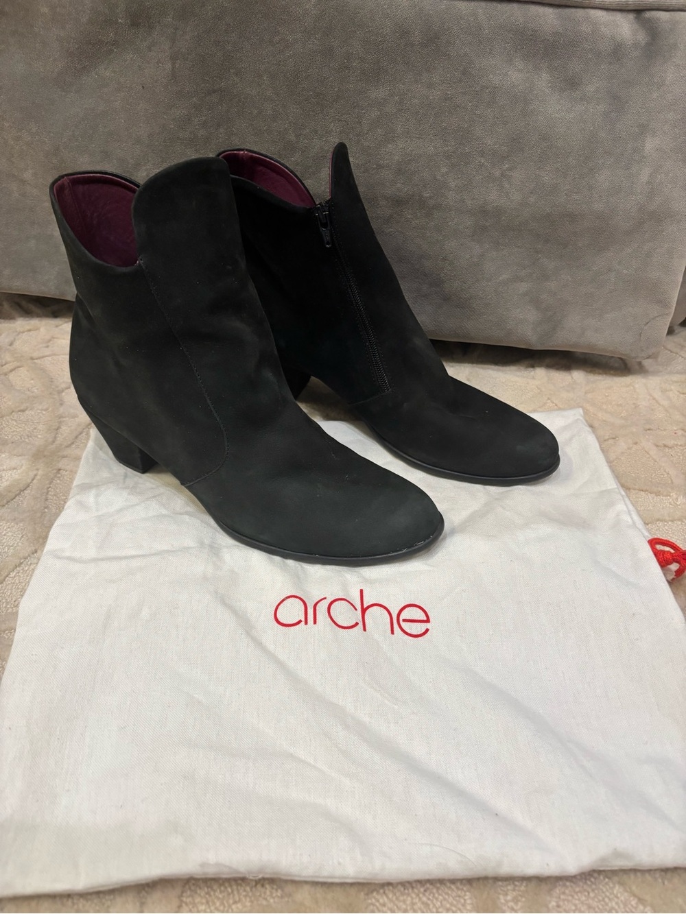 Arche Black Suede Ankle Booties with Subtle Purple Lining